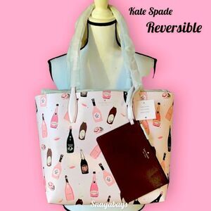 KATE SPADE NWT LARGE REVERSIBLE TOTE BAG CHAMPAGNE TOSS LEATHER WITH POUCH